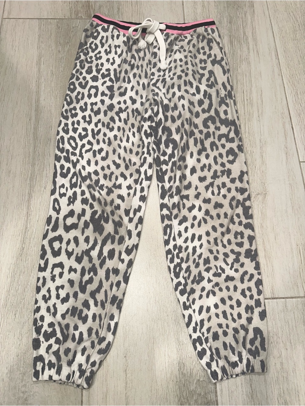 Katie J NYC Girls M Beige Tan Grey Leopard Print Jogger Pants Pink Trim
